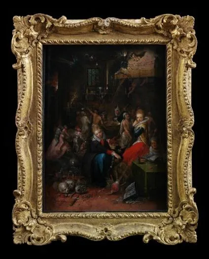 Pintura «El Sabbath de las brujas» (1606), de Frans Francken II, dentro de un marco dorado