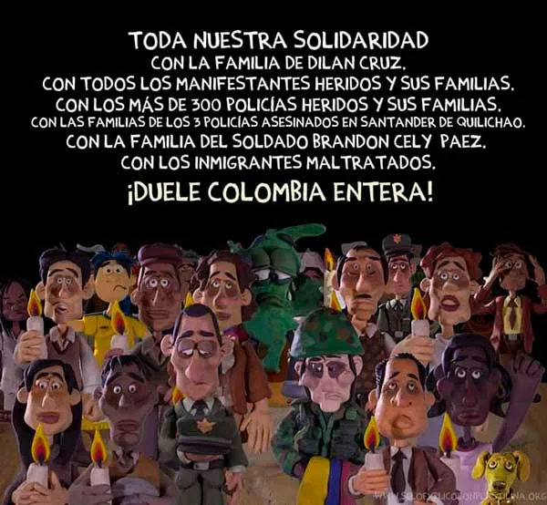 Figuras de plastilina de personas con velas bajo el mensaje «Toda nuestra solidaridad… ¡Duele Colombia entera!»