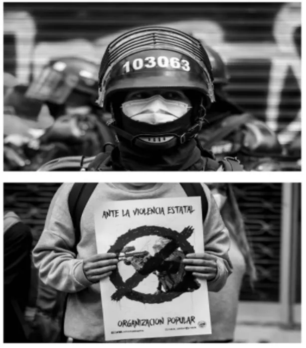 Dos fotos en blanco y negro: un policía antidisturbios con casco y una persona con un cartel «Ante la violencia estatal, organización popular»