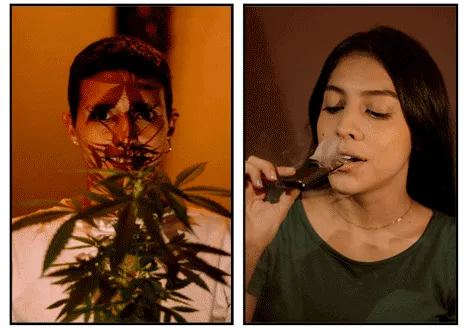 Dos retratos: una persona tras una planta de cannabis y una mujer que exhala humo