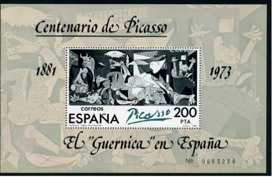 Hoja de sellos «Centenario de Picasso 1881-1973» con el «Guernica» en un sello de 200 pesetas de España
