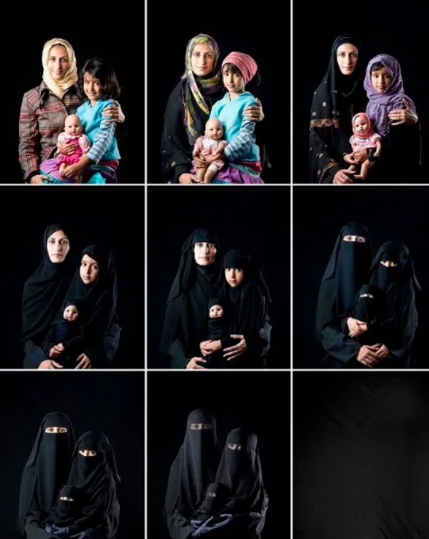 Serie de nueve retratos de mujeres con niños que se van cubriendo hasta desaparecer en negro, obra de Shadi Ghadirian