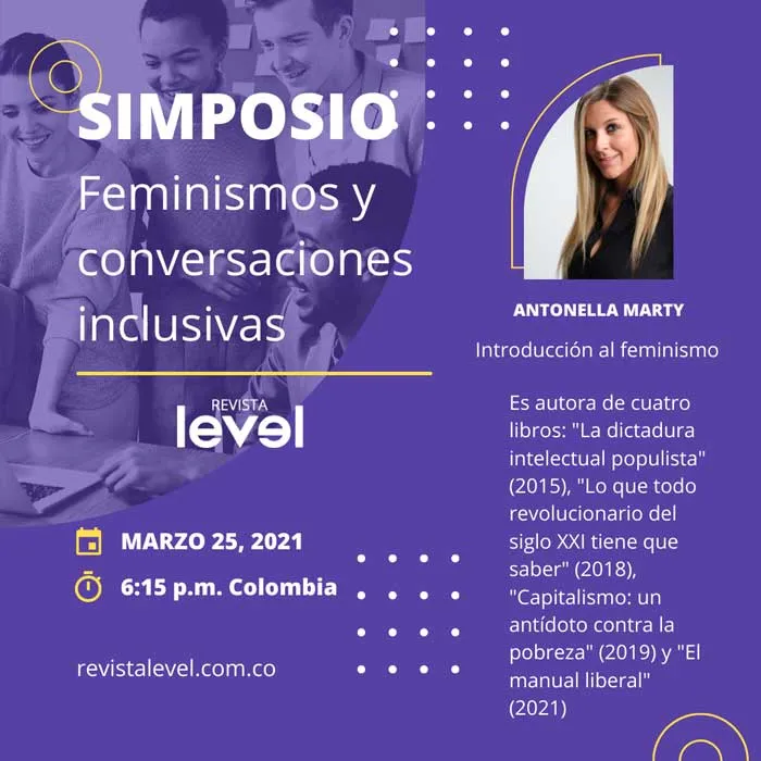 Tarjeta del Simposio «Feminismos y conversaciones inclusivas» con Antonella Marty, introducción al feminismo