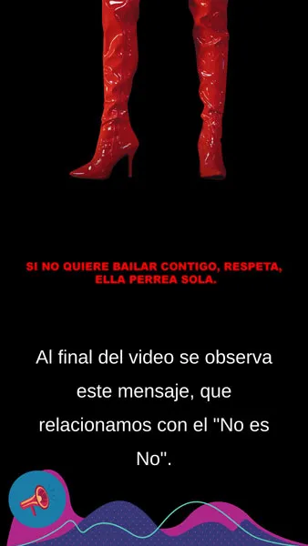 Tarjeta con botas rojas de tacón y el mensaje «Si no quiere bailar contigo, respeta, ella perrea sola»