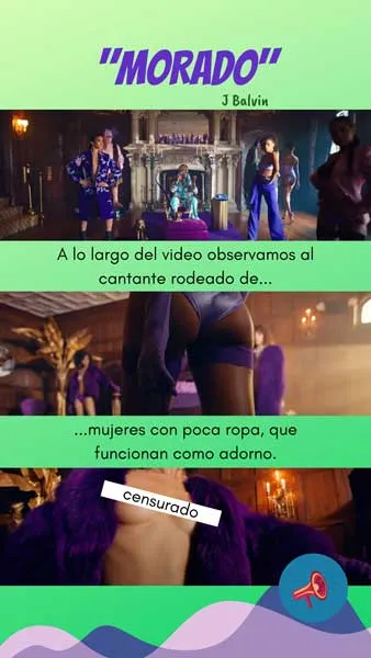 Tarjeta sobre «Morado» con imágenes del video en las que el cantante aparece rodeado de mujeres con poca ropa