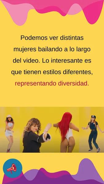 Tarjeta amarilla con mujeres bailando en el video de «Yo perreo sola», que representan diversidad