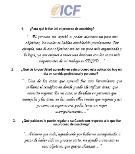 Testimonios de coaching de la ICF sobre lo aprendido en el proceso, en texto negro sobre fondo blanco