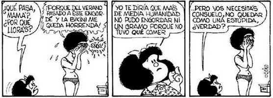 Tira de Mafalda llorando ante su mamá por el bikini y el hambre de media humanidad