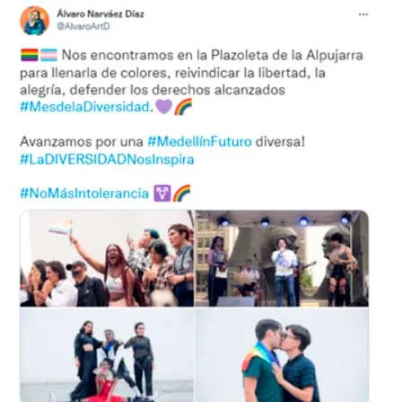Tuit de Álvaro Narváez sobre el Mes de la Diversidad en la Plazoleta de la Alpujarra, con fotos de una celebración y una pareja besándose